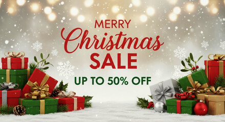 Merry christmas sale banner with gifts, snow, and bokeh lights