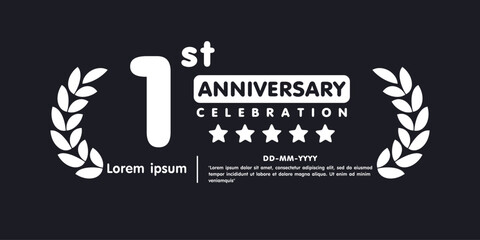 1st year anniversary celebration emblem. white anniversary award logo isolated with laurel wreath on black background. vector illustration template design for web banner