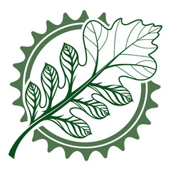 Stylized green oak leaf branch with detailed veins and serrated circular frame creating a natural emblem or logo design element for organic themes
