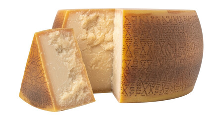 Wedge of aged Parmesan cheese isolated PNG, hard Italian cheese with granular texture for culinary use and gourmet food concepts