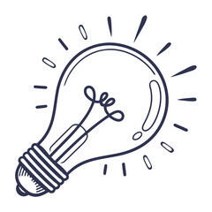 Simple hand drawn outline of a glowing light bulb with radiating lines symbolizing a bright idea or inspiration isolated on a white background