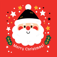 Cute cartoon Santa Claus face vector illustration on a red background. Merry Christmas text. Perfect for Christmas cards, posters, invitations, banners, and holiday designs.