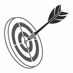 A dark gray silhouette of a dart hitting the bullseye of a dartboard symbolizing success accuracy and achieving goals in a business or game context