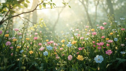 Obraz premium Colorful wildflowers blooming in a forest clearing with sunlight filtering through trees. Nature and floral scene. Springtime and garden environment.