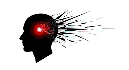 A conceptual illustration depicts a human head silhouette with a glowing brain, symbolizing mental stress, headache, or neurological issues on a white background.