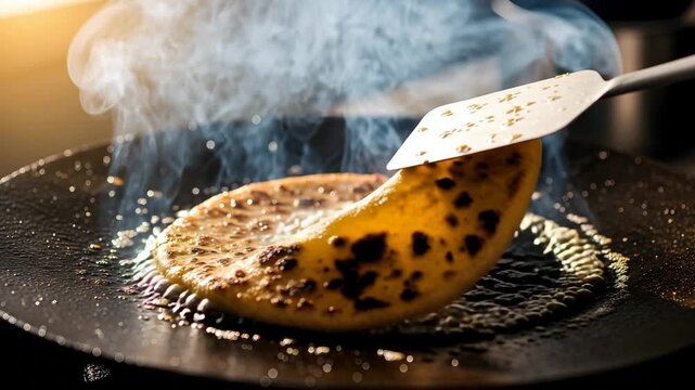 Golden flatbread cooking on hot griddle steam rising spatula flipping delicious homemade naan 4K Ai HD high quality video.

