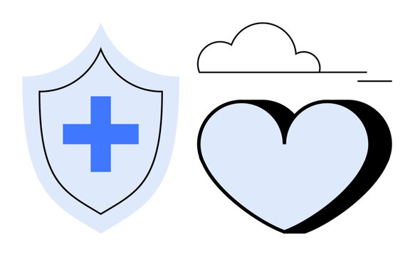 Shield with a cross, a cloud, and a heart symbolizing healthcare, security, wellness, and compassionate support. Ideal for health, insurance, safety trust medical services wellness branding