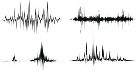 Abstract black sound wave and frequency spectrum set, digital audio data waveforms, technological signal analysis graphics, cad drawing flat vector illustration