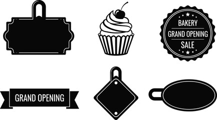 Black bakery grand opening sale labels, cupcake icon, ribbon banner, hanging signboard collection set, cad drawing flat vector illustration.