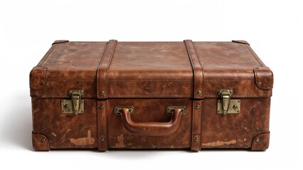 Old suitcase with handle and metal clasps. Vintage travel luggage, leather design, storage, and transportation. Classic travel case for journeys.
