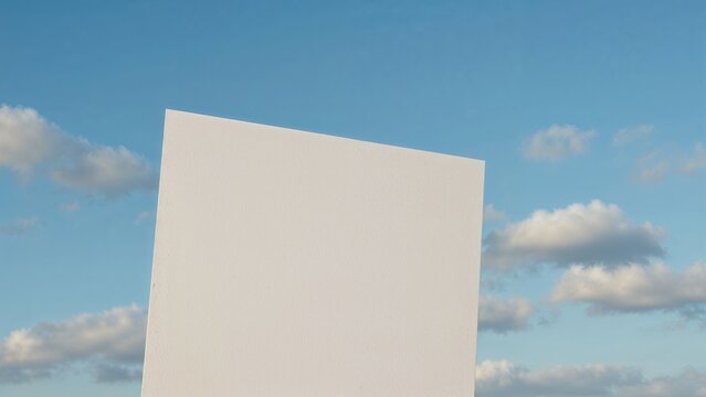 A large blank white square panel against a blue sky with clouds.