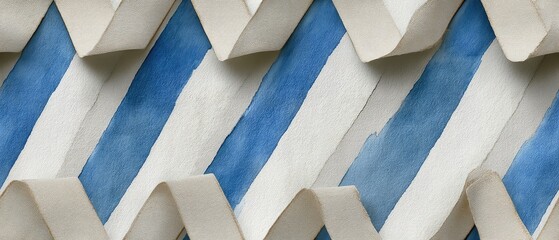 Seamless blue and white chevron pattern with ink wash details set against a cream background for elegant fabric design