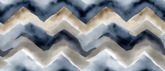 Seamless blue and white chevron stripes fabric pattern with elegant ink wash details against a soft cream background