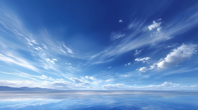 Brilliant deep blue sky filled with wispy cirrus and scattered cumulus clouds above calm water surface