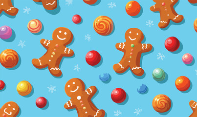 Naklejka premium Padrão de biscoitos de gengibre e doces coloridos em um fundo azul claro, ilustração vetorial festiva.