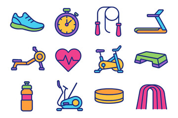 Colorful fitness and exercise equipment icons for active lifestyle inspiration