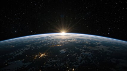 Obraz premium Earth from space at sunrise with visible city lights and starry night sky. Space and Earth, sunrise, night lights, view from orbit.