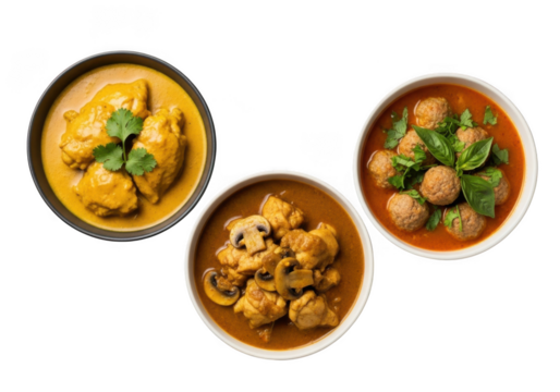 Bowls with delicious meals isolated on transparent background