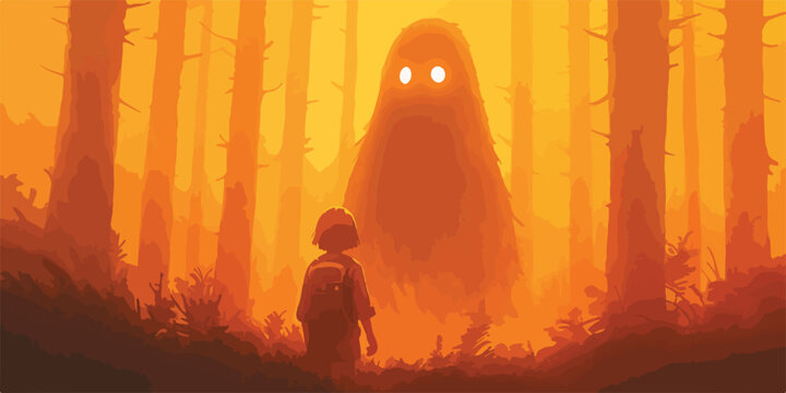 Crian&ccedil;a com mochila encontra criatura misteriosa com olhos brilhantes em uma floresta laranja.
