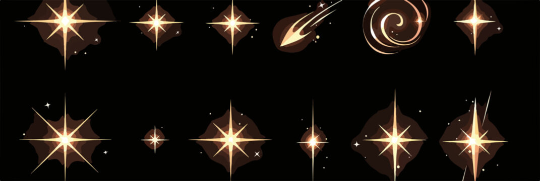Conjunto de brilhos estelares dourados e cometas em fundo preto, perfeito para design gr&aacute;fico.