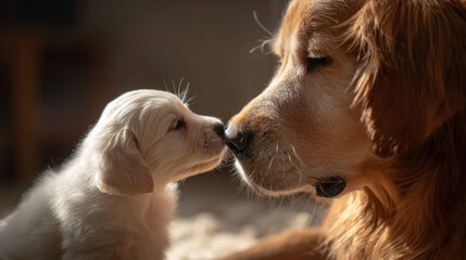 Cute white puppy is kissing its mother, golden retriever, in warm and affectionate moment. sunlight creates soft glow, enhancing bond between them