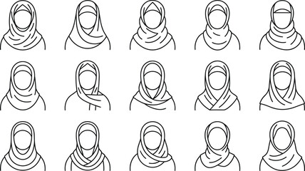 Collection of hand drawn muslim women wearing hijab diverse styles of islamic headscarves sketchy line art illustration religious and cultural representation black and white