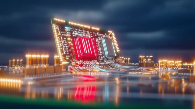Technological Core: A vibrant display of a RAM chip, illuminated with intricate detail, symbolizes the core of computing power. The digital landscape shines, emphasizing modern tech.