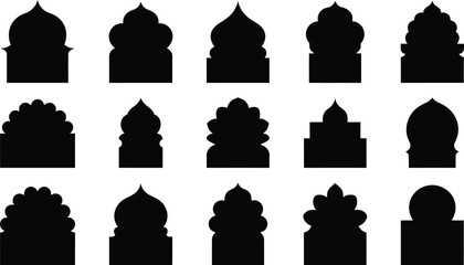 Collection of black silhouette islamic arch shapes decorative architectural elements for mosque palace or other building design on a white background