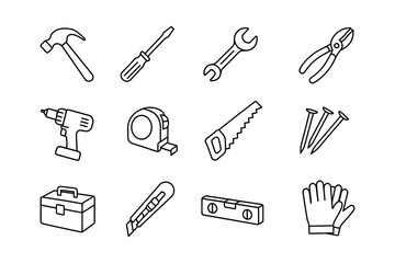 Obraz premium Hand tools icon set in linear style for construction and diy projects
