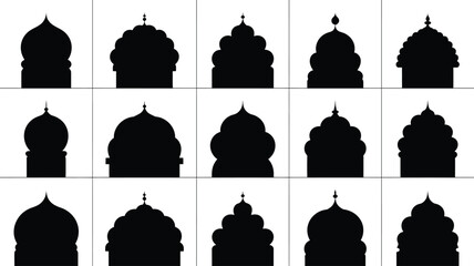 Collection of black silhouette temple domes on white background representing architectural diversity and cultural heritage with intricate details and unique shapes
