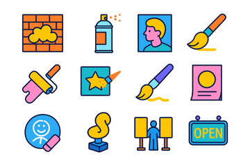 Colorful art and creativity icons set featuring tools and supplies
