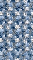 Seamless pattern of white peonies and magnolia flowers on a dreamy gray and blue background, inspired by impressionism