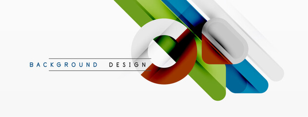 Abstract colorful shapes overlap white space. Modern design elements create dynamic visual composition. Simple, clean aesthetic.