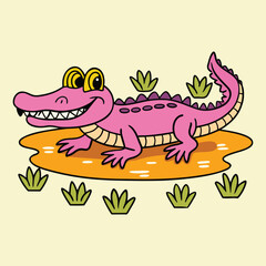 A cheerful pink alligator with a toothy grin stands on a golden puddle surrounded by green plants, creating a whimsical and playful scene for children