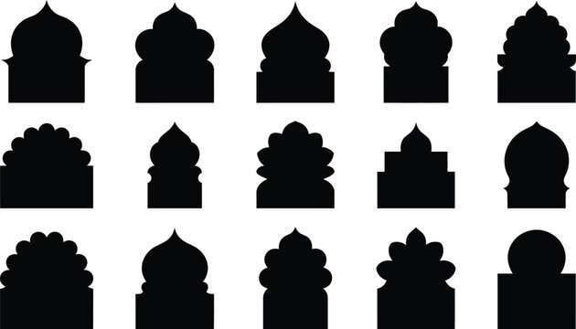 Collection of black silhouette islamic arch shapes decorative architectural elements for mosque palace or other building design on a white background