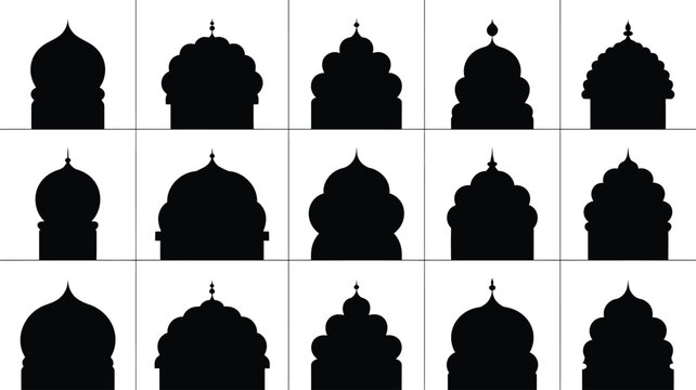 Collection of black silhouette temple domes on white background representing architectural diversity and cultural heritage with intricate details and unique shapes