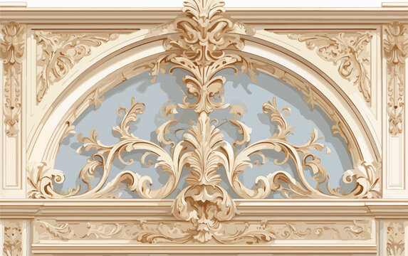 Vetor de arabesco ornamentado em estilo barroco, moldura arquitet&ocirc;nica cl&aacute;ssica com entalhe decorativo e fundo azul claro.