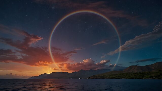 Beautiful nature landscape: a colorful rainbow spectrum arches across the stormy sky over the blue sea and ocean horizon, reflecting light on the water