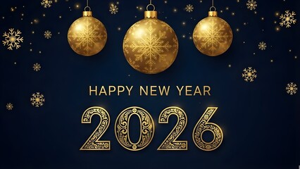 Happy new year 2026 background with festive golden ornaments.