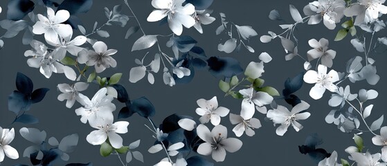 Seamless watercolor pattern of white and gray flowers on dark blue background with a vintage touch for elegant design projects