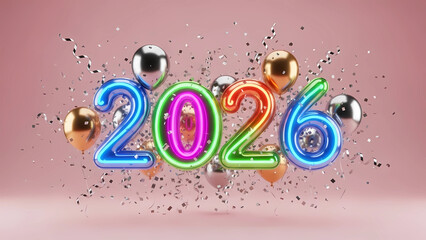 Celebrate 2026 with vibrant, colorful balloons and confetti! Perfect for party decor, event invitations, and cheerful designs, embrace the upcoming year with festive charm.