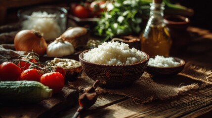 Fresh Ingredients on Wooden Table Featuring Rice, Colorful Vegetables, and Herbs, Enhancing Culinary Creativity in a Rustic Kitchen Setting