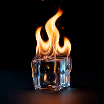 Close-up of a burning ice cube with vibrant orange flames against a dark background. The fire contrasts with the melting ice, creating a unique visual effect. Concept of paradox or opposing forces.