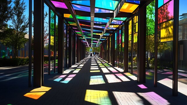 A majestic stained glass window illuminates the steel architecture of a bridge over the river in the city