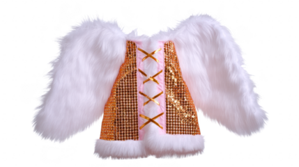 White faux fur jacket with gold sequin accents and crisscross ribbon detail, featuring long sleeves and glamorous, festive style for parties or special occasions