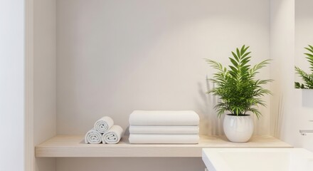 Minimalist Bathroom Shelf with Fresh Plant and Soft White Towels