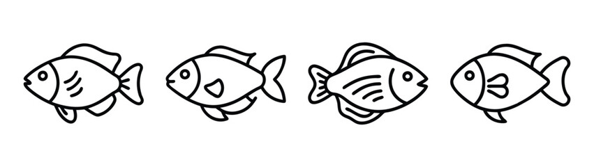 Four cute fish outline drawing vector illustration for coloring page and design element concept