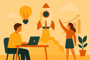 Fototapeta premium Business growth concept with teamwork and innovation in flat design