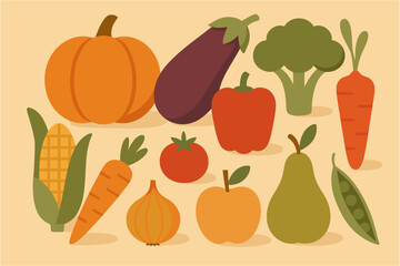 Fototapeta premium Colorful flat fall harvest of vegetables and fruits set on light background