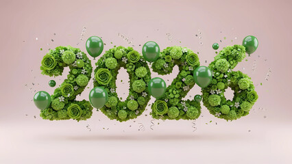 Welcome 2026 with a burst of floral freshness! Lush green numbers crafted from flowers, complemented by cheerful balloons and confetti, creating a vibrant and festive atmosphere.